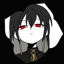 a black and white drawing of a girl with red eyes and the letter k on her shirt