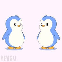 two blue and white penguins standing next to each other with the word pengu on the bottom right