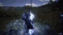 a blurry picture of a person being hit by a blue light