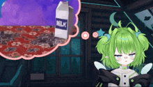 a girl with green hair is thinking about milk