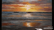 a painting of a sunset on a beach is made in animotica