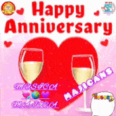 a happy anniversary greeting card with a red heart and wine glasses