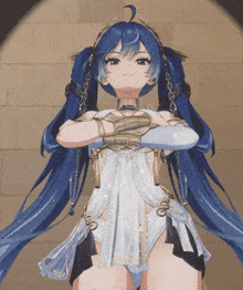 a girl with blue hair is wearing a white dress and gold gloves