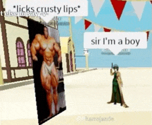 a man is standing in front of a picture of a muscular man and a girl is standing next to him .