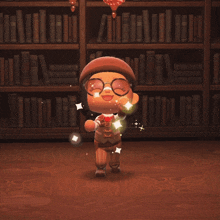 a cartoon character is standing in front of a bookshelf with his eyes closed