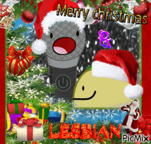 a christmas greeting card with a microphone wearing a santa hat
