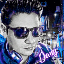 a drawing of a man wearing sunglasses and headphones with the name dany written below him