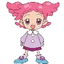 a cartoon of a little girl with pink hair and a purple shirt .