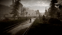 a black and white photo of a man walking down a path in a park