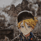 a painting of a boy wearing a helmet and headphones with a tank in the background