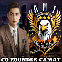 a man in a suit and tie is standing in front of a logo for ami community