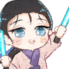 a drawing of a girl with blue eyes holding a light stick