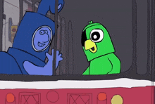 a cartoon drawing of a green parrot and a blue man
