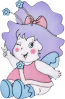 a little girl with purple hair and blue wings is wearing a pink dress and a pink bow