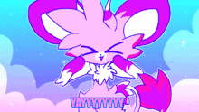 a cartoon drawing of a pink and purple animal with the words yaaaayyy written below it