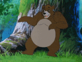 a cartoon bear with a big belly is standing in the grass near a tree