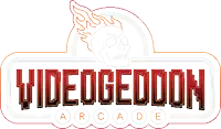 a logo for videogedoom arcade has a skull on it