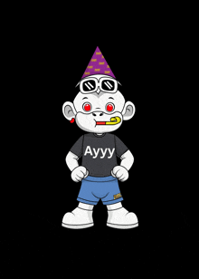 a cartoon character is wearing a party hat and sunglasses and has ayuu written on his shirt