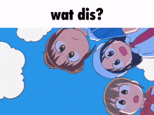 three cartoon characters are looking up at the sky with the words wat dis written above them