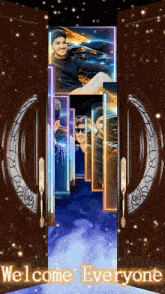 a door with a picture of a man and the words welcome everyone on the bottom