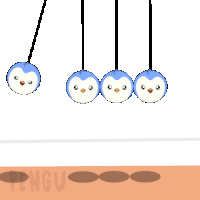 a cartoon of three penguins hanging from a string