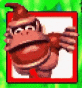 a pixel art of donkey kong in a red frame on a green screen .