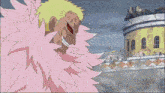a cartoon character with a pink furry coat and sunglasses