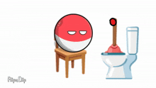 a red ball is sitting on a chair next to a toilet with a plunger in it