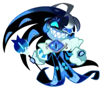 a blue and black cartoon character with a blue eye
