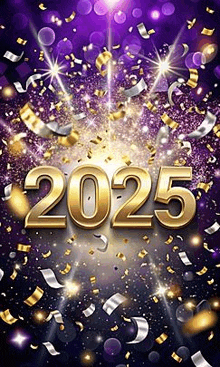 the year 2025 is written in gold on a purple background with gold and silver confetti .