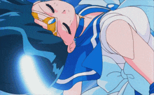 a woman in a blue sailor suit is laying down with her eyes closed