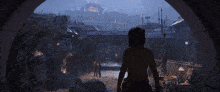 a woman stands in front of a city with fireworks in the background