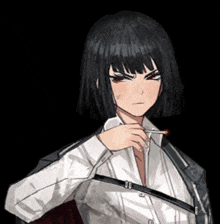 a girl with short black hair is holding a lighter