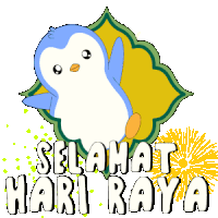 a blue and white penguin with the words selamat hari raya