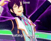 a picture of a anime character with the words i love eating batteries
