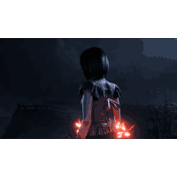 a woman in a black dress is surrounded by red glowing butterflies