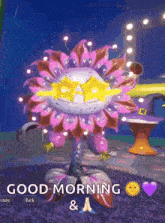 a video game character says good morning and has a purple heart