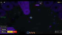 a video game character holding a sword and shield with purple circles around them