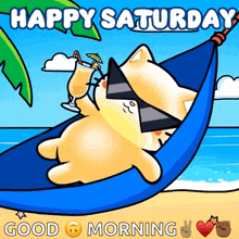 a cartoon cat wearing sunglasses is laying in a hammock on the beach holding a drink ..
