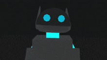 a gray robot with purple eyes and a purple collar