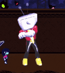 a pixel art of a person with a television head dancing
