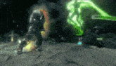 a video game character is being attacked by a green glowing monster .