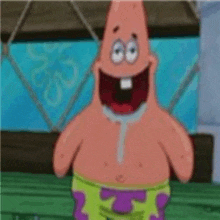 patrick star from spongebob squarepants is laughing with his mouth open and a t in his mouth .