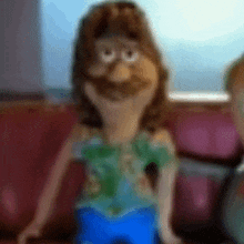 a cartoon character with long hair and glasses is sitting on a couch .