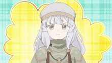 a girl with white hair salutes with her hand on her head