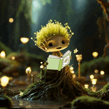 a cartoon character is reading a book while sitting on a stump