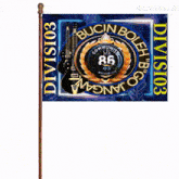 a blue flag with a guitar and the words " bucin bolleh " on it
