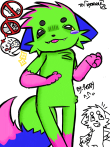 a drawing of a green and pink animal with the name reddy on the bottom right