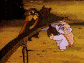 a cartoon of a bear and a raccoon holding a piece of wood