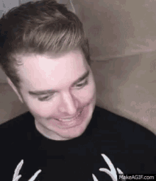 a close up of a man 's face with a black shirt on making a funny face .